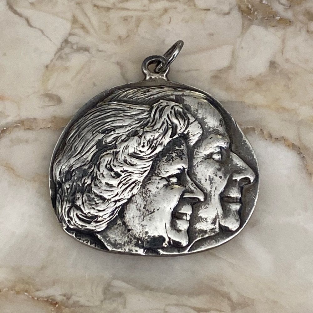 Rare Sterling Silver Queen Elizabeth & Prince Phillip Handcrafted Pendant